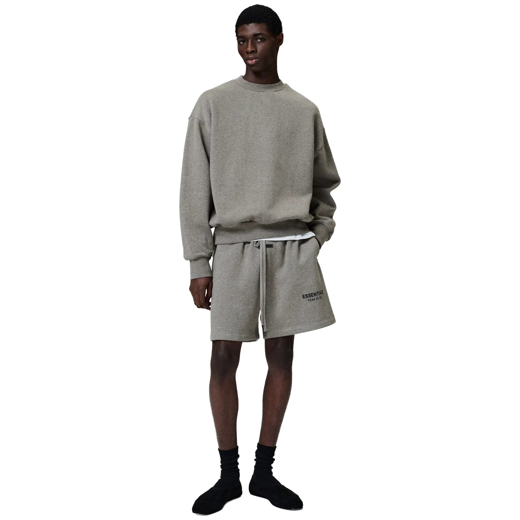 Model Front View of Fear Of God Essentials Classic Homestead Heather Shorts (SS25) 160SP255653FW